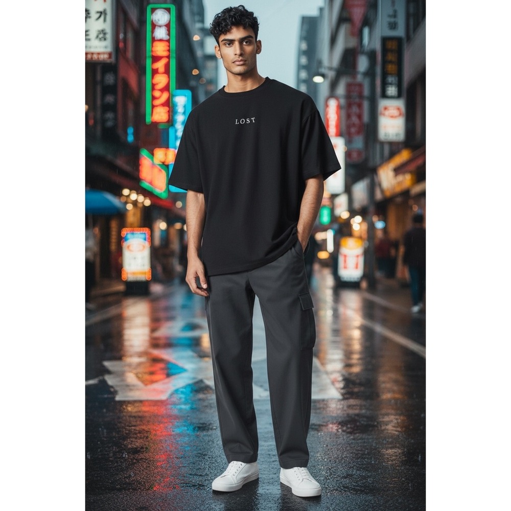 Lost Mens Oversized Black Graphic T-Shirt Boxy Fit Streetwear  Short Sleeve